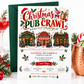 Christmas pub crawl invitation with three decorated holiday pubs, festive cocktails, Christmas greenery and red and green lettering