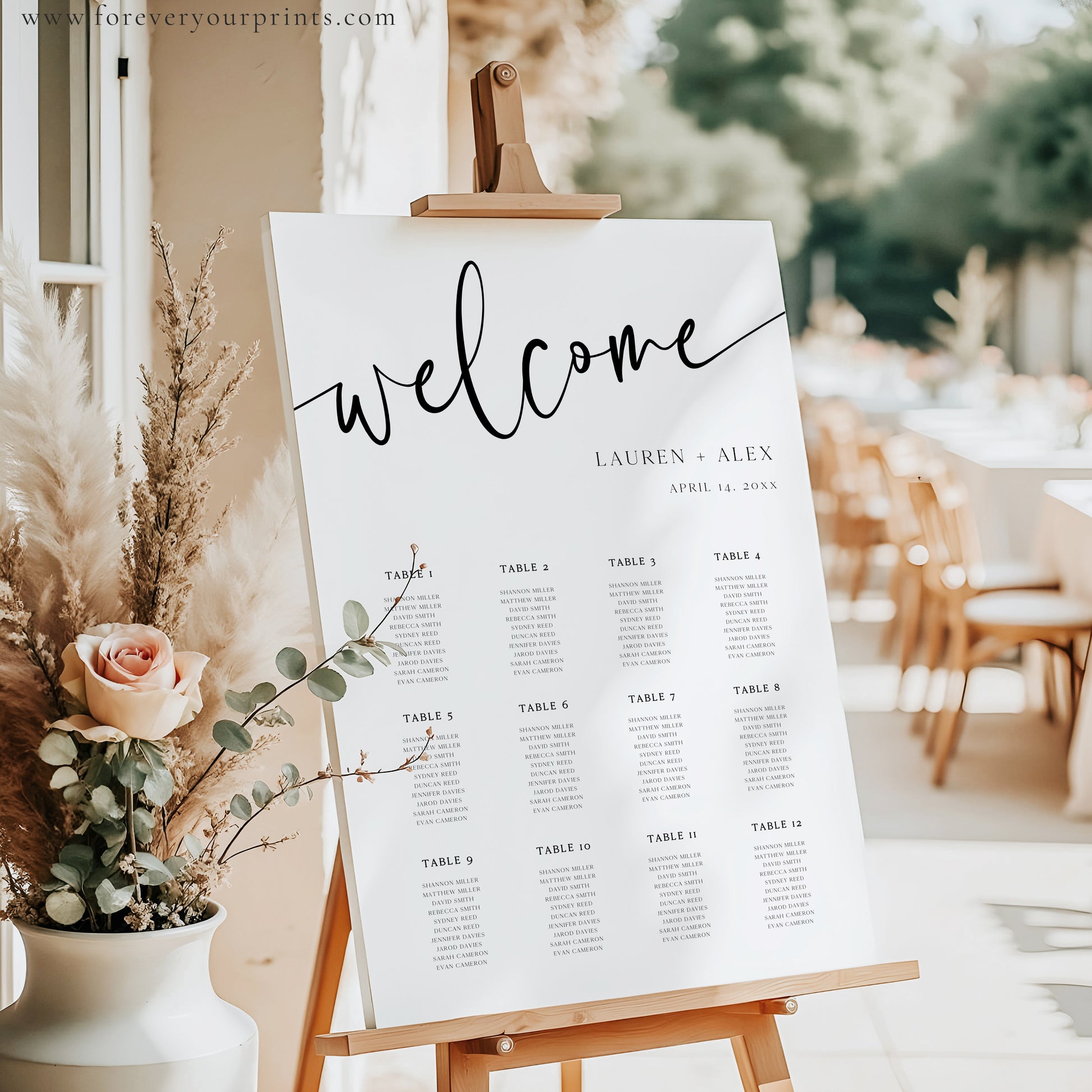 Wedding seating chart sign featuring modern black script and serif font with table assignments for guests | editable with Corjl | www.foreveryourprints.com