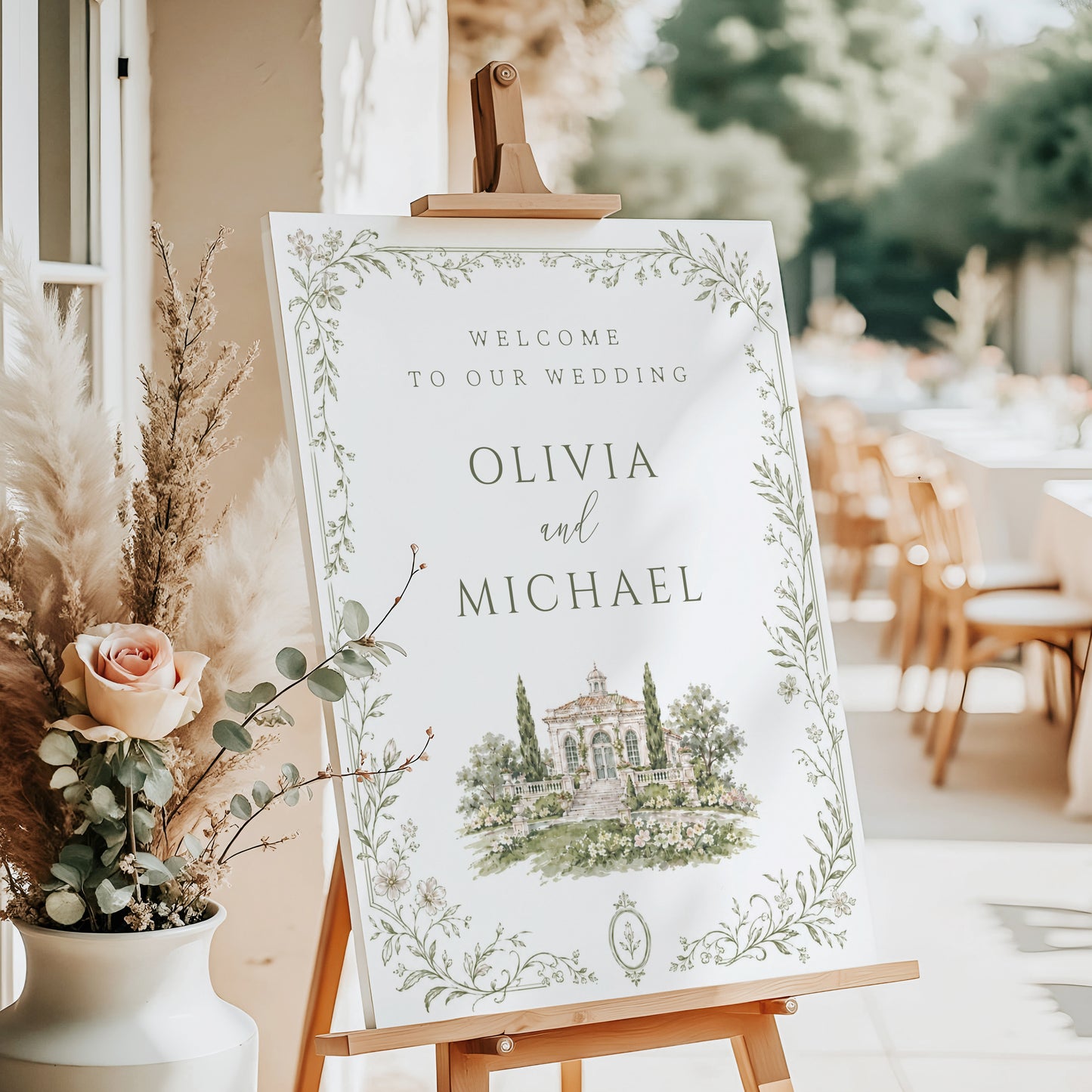 Editable garden estate wedding welcome sign Canva template with watercolour venue illustration, botanical border, and sage green tones