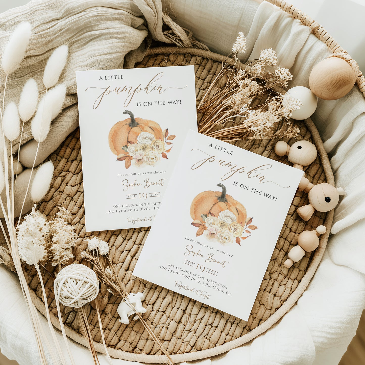 Little pumpkin fall baby shower invitation template with watercolor orange pumpkin, cream roses, and gold calligraphy script, editable in Canva
