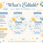 Editable here comes the son baby shower round thank you sticker Canva template with smiling sun, blue toy airplane, fluffy clouds, and gold and blue star accents on a cream background