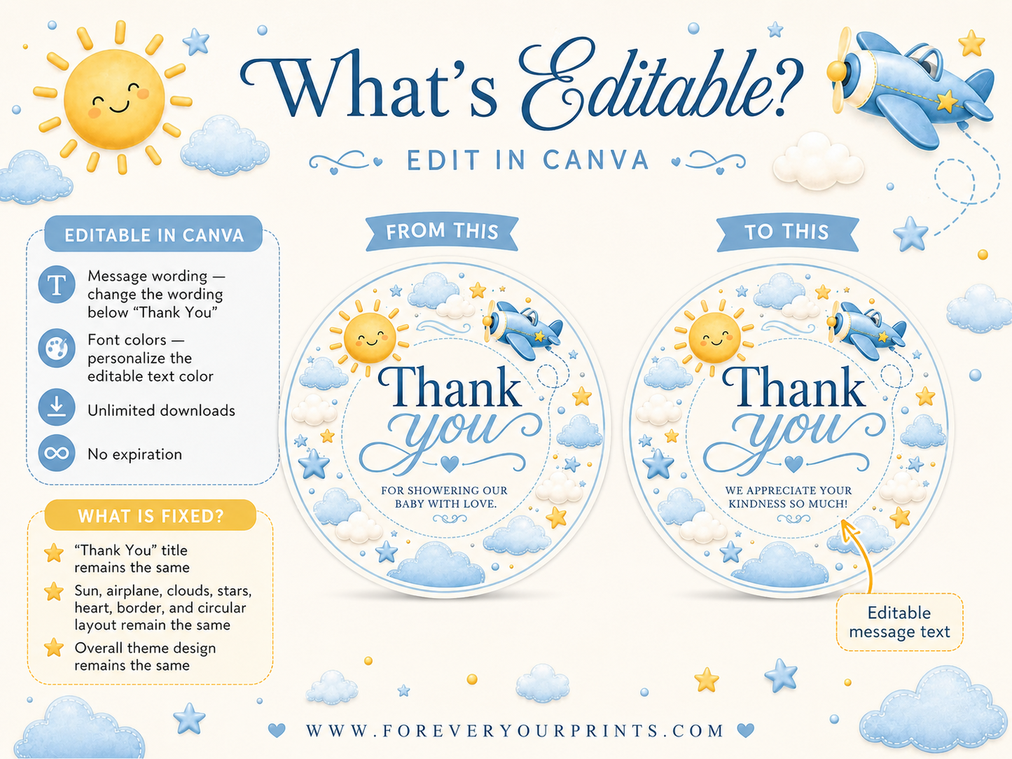 Editable here comes the son baby shower round thank you sticker Canva template with smiling sun, blue toy airplane, fluffy clouds, and gold and blue star accents on a cream background