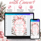 Winter Onederland 1st birthday invitation with a large pink bow, flowing ribbons, silver and pink snowflakes, and snow-covered trees decorated with pink bows