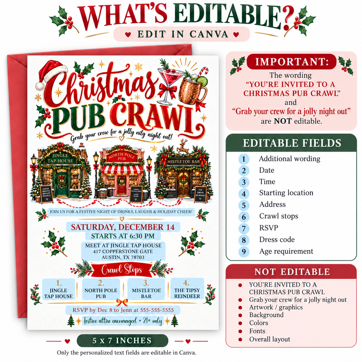 Christmas pub crawl invitation with three decorated holiday pubs, festive cocktails, Christmas greenery and red and green lettering