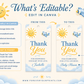 Editable here comes the son baby shower favor hang tag Canva template with smiling sun, blue toy airplane, fluffy clouds, and bold navy and golden script typography on a warm cream background