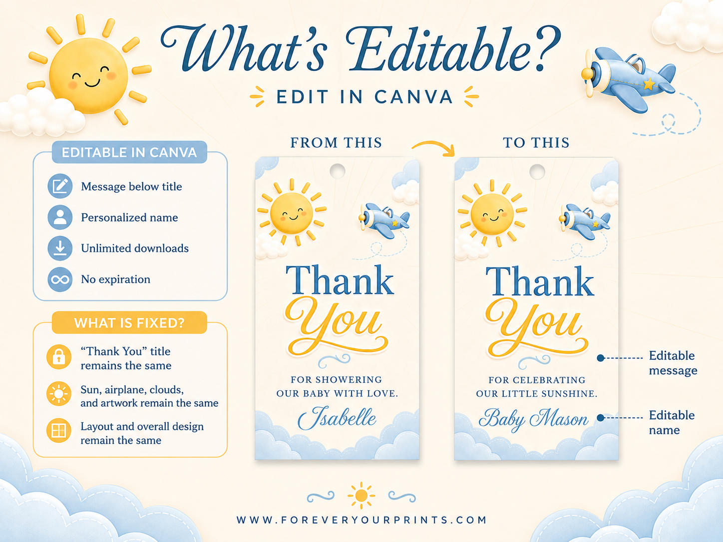 Editable here comes the son baby shower favor hang tag Canva template with smiling sun, blue toy airplane, fluffy clouds, and bold navy and golden script typography on a warm cream background