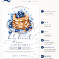 Blueberry baby brunch invitation with a watercolor stack of pancakes, syrup, and blueberries in blue and white