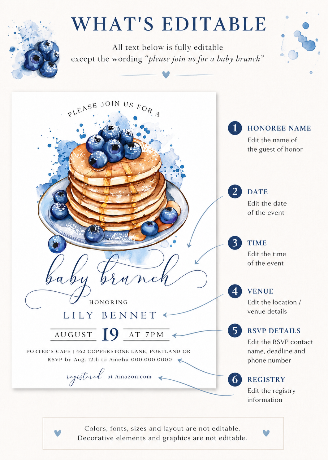 Blueberry baby brunch invitation with a watercolor stack of pancakes, syrup, and blueberries in blue and white