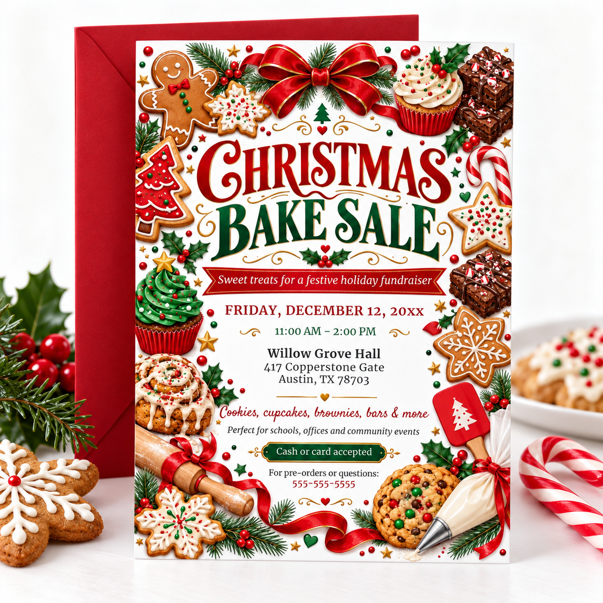 Christmas bake sale flyer with red and green lettering, gingerbread cookies, cupcakes, brownies, festive bows, and baking tools