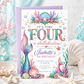 Mermaid themed 4th birthday invitation with colorful mermaid tails, seashells, pearls, coral, starfish, bubbles, seaweed, gold accents, and under the sea details
