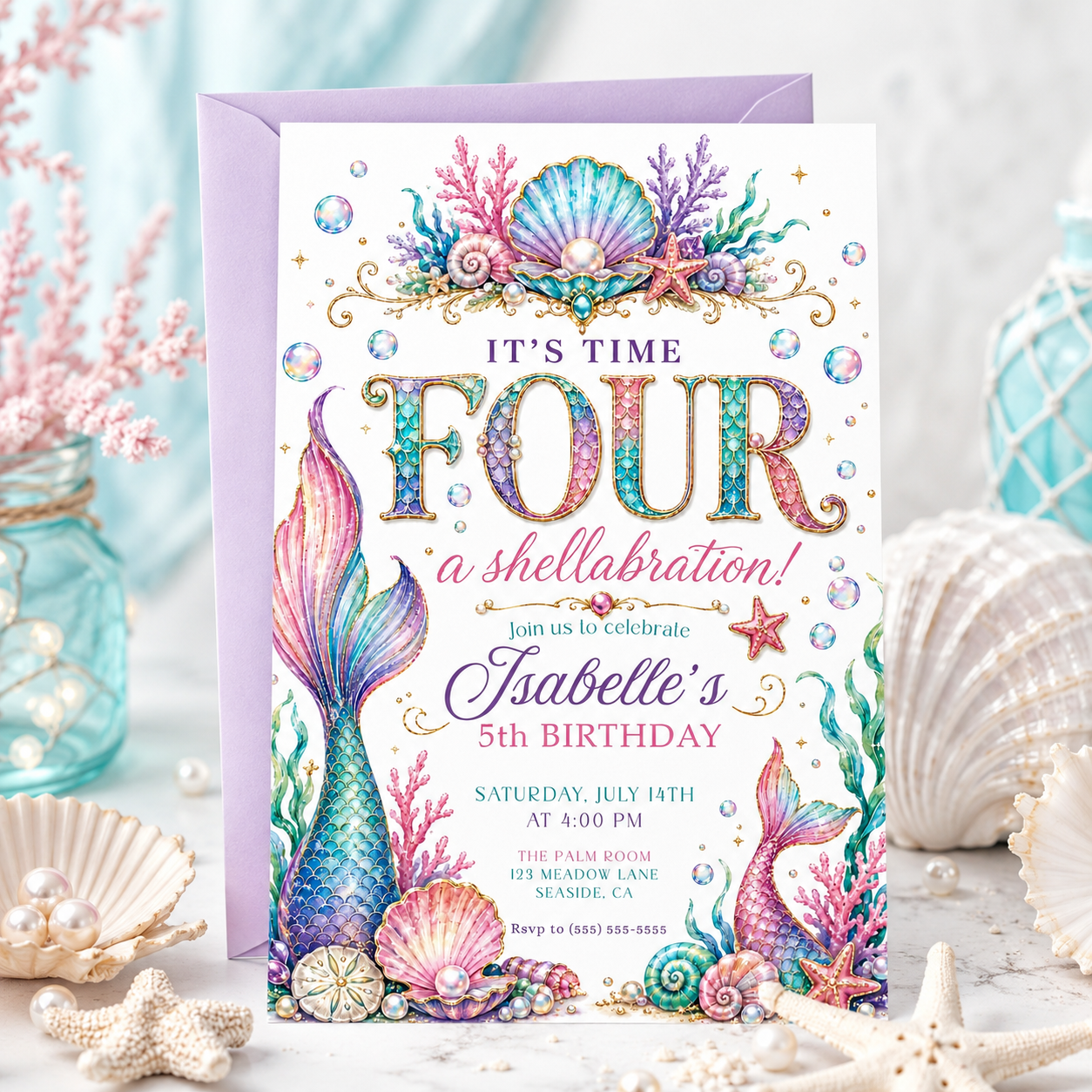 Mermaid themed 4th birthday invitation with colorful mermaid tails, seashells, pearls, coral, starfish, bubbles, seaweed, gold accents, and under the sea details