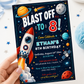 Space birthday party invitation with a rocket, planets, and stars on a navy galaxy background