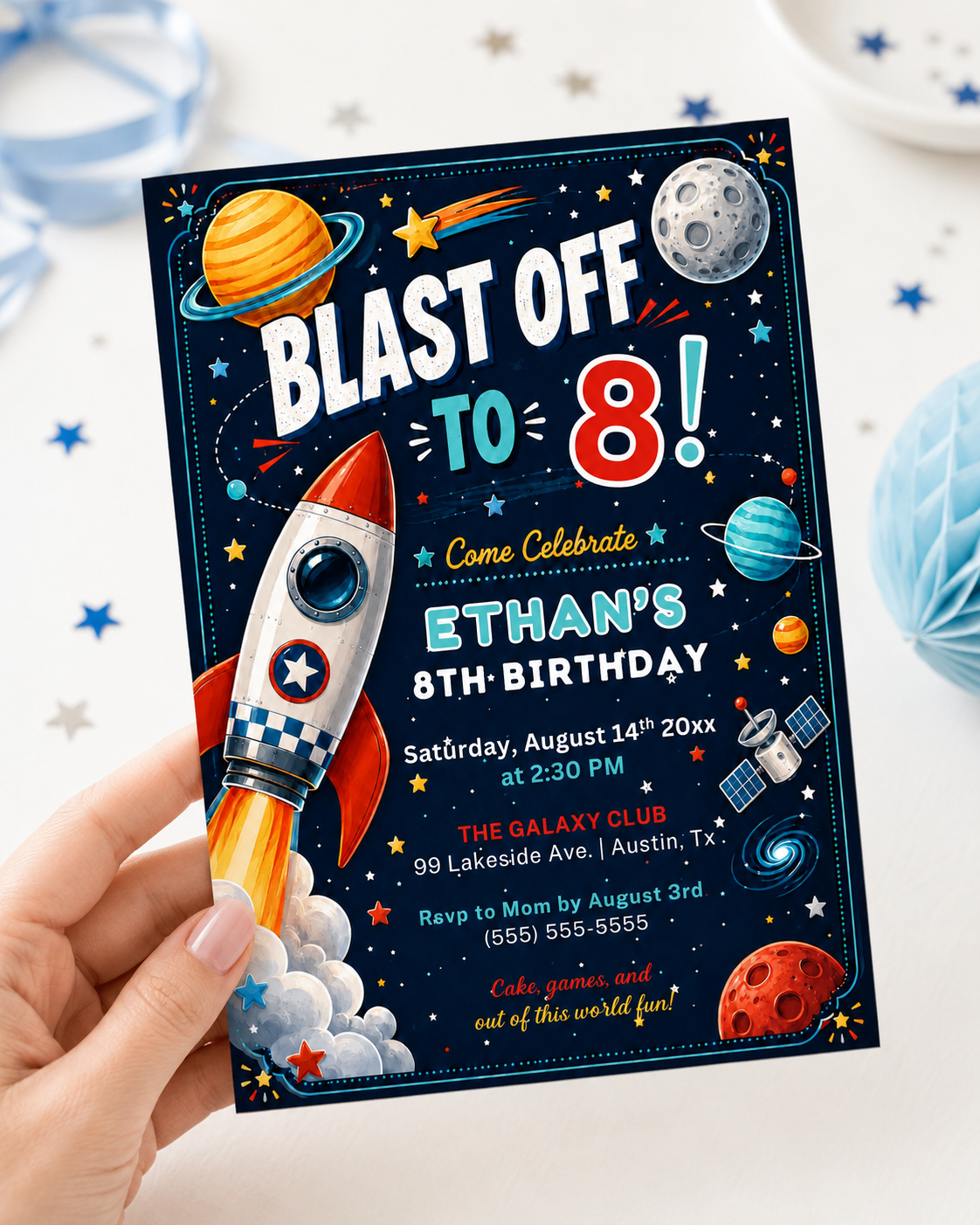Space birthday party invitation with a rocket, planets, and stars on a navy galaxy background