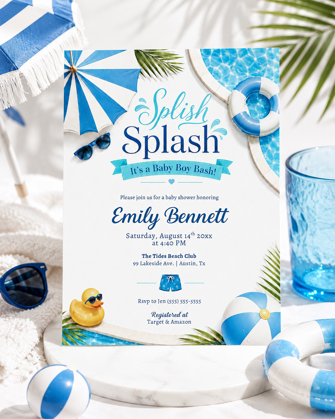 Splish splash boy baby shower invitation with a pool ring, rubber duck, and beach ball in blue and white