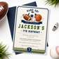 All star sports birthday invitation with a football, soccer ball, basketball, and baseball in navy and green