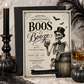 Boos and booze Halloween party invitation with dapper skeleton holding a drink, bats, spiderwebs, vintage typography, barrel, and black gold spooky details