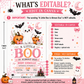 Halloween baby shower invitation with cute ghost, pink bow, smiling pumpkins, bats, pink crescent moon, spiderweb, haunted house, and spooky-cute baby shower details