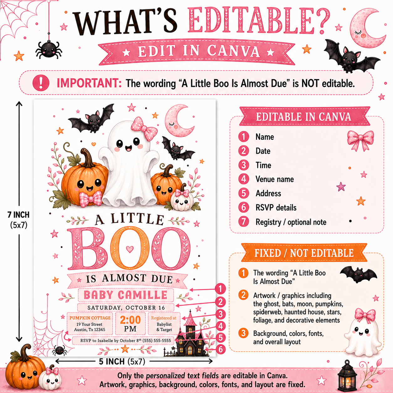 Halloween baby shower invitation with cute ghost, pink bow, smiling pumpkins, bats, pink crescent moon, spiderweb, haunted house, and spooky-cute baby shower details