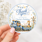 Round train birthday thank you sticker with a teddy bear conductor, giraffe, and bunny in soft blue and gold