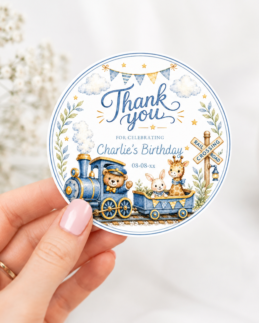 Round train birthday thank you sticker with a teddy bear conductor, giraffe, and bunny in soft blue and gold