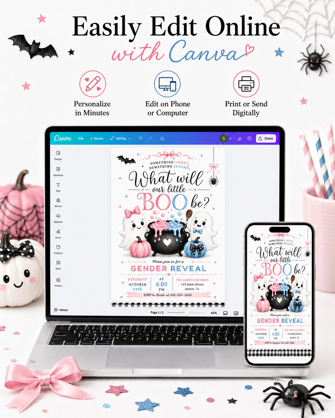Halloween gender reveal invitation with cute ghosts, pink and blue pumpkins, bubbling cauldron, bats, spider, bows, stars, and pink blue little boo details