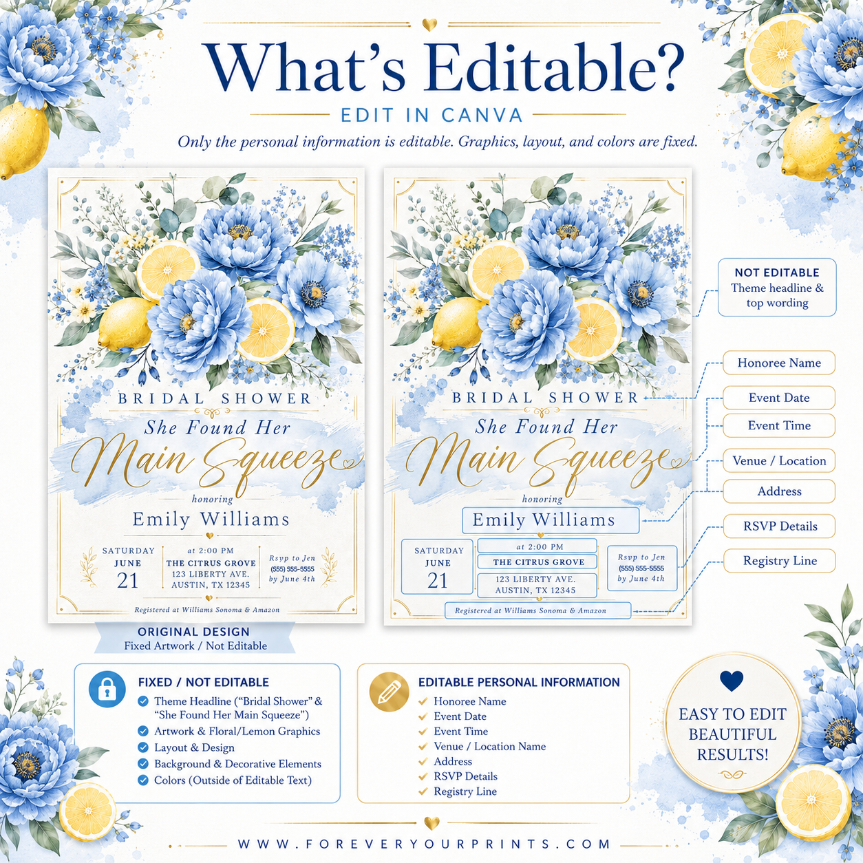 Main squeeze bridal shower invitation with blue peonies, lemons, and citrus slices in dusty blue and yellow