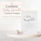 Editable confetti baby sprinkle invitation Canva template with watercolour sprinkles and pearl dots in soft rainbow tones on a white background, with script and serif typography