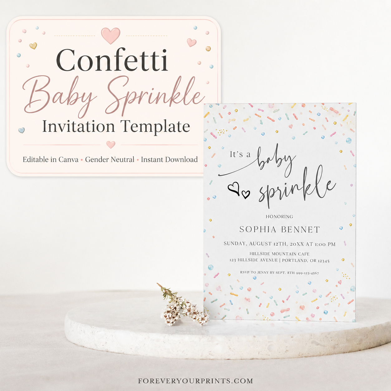 Editable confetti baby sprinkle invitation Canva template with watercolour sprinkles and pearl dots in soft rainbow tones on a white background, with script and serif typography