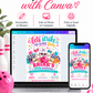 Bowling birthday invitation for a girl’s 10th birthday with smiling bowling pins, pink and teal bows, heart sunglasses, a pink bowling ball, arcade machine, and pizza