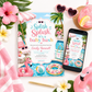 Pool party baby shower invitation with a flamingo float, beach ball, and pink umbrella in pink and aqua