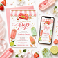She's about to pop baby shower invitation with colorful popsicles and a pink awning in coral, peach, and green