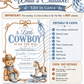 Little cowboy baby shower invitation with teddy bear cowboy, blue cowboy boots, rocking horse, rope border, sheriff star, gingham bandana, and western details