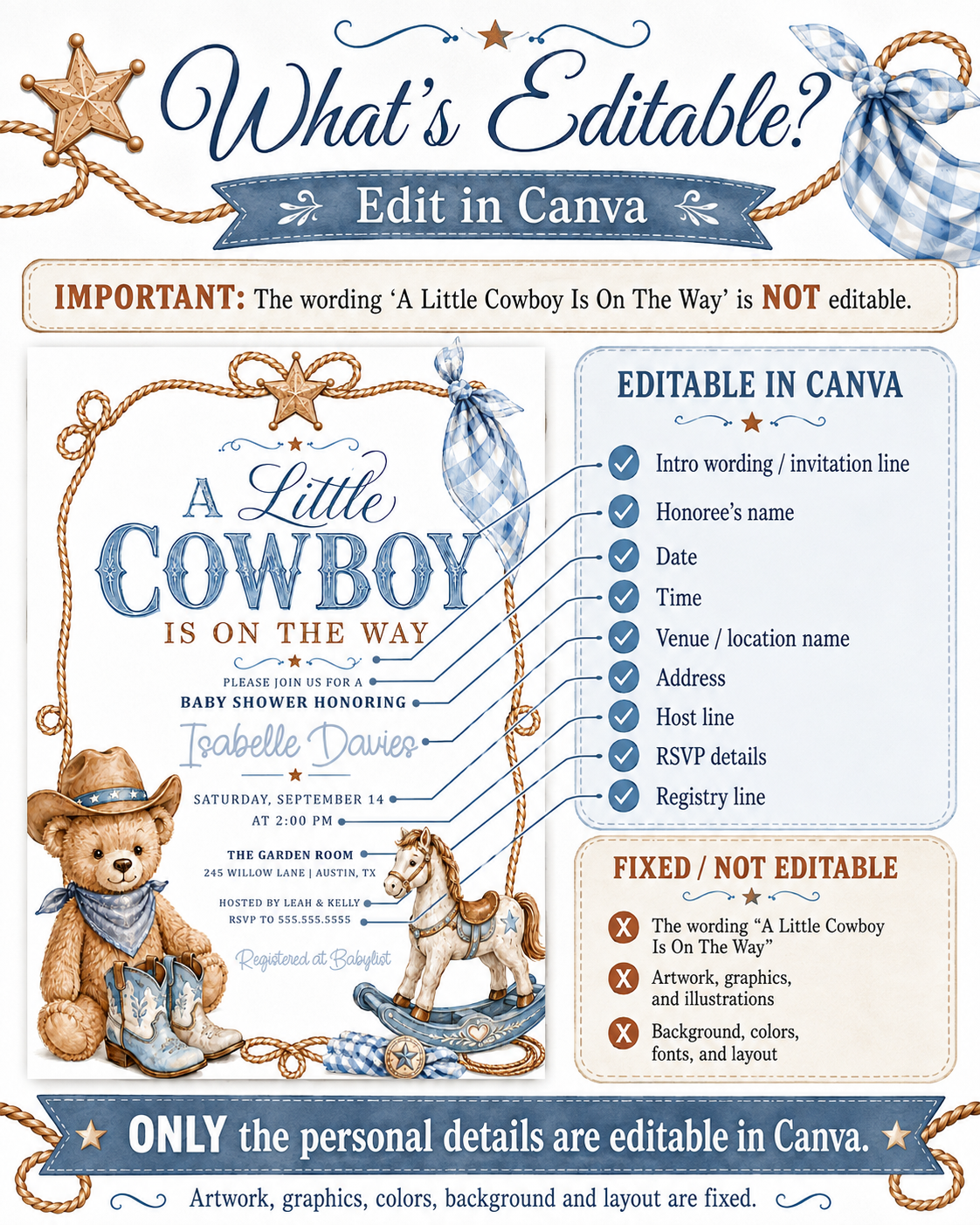 Little cowboy baby shower invitation with teddy bear cowboy, blue cowboy boots, rocking horse, rope border, sheriff star, gingham bandana, and western details