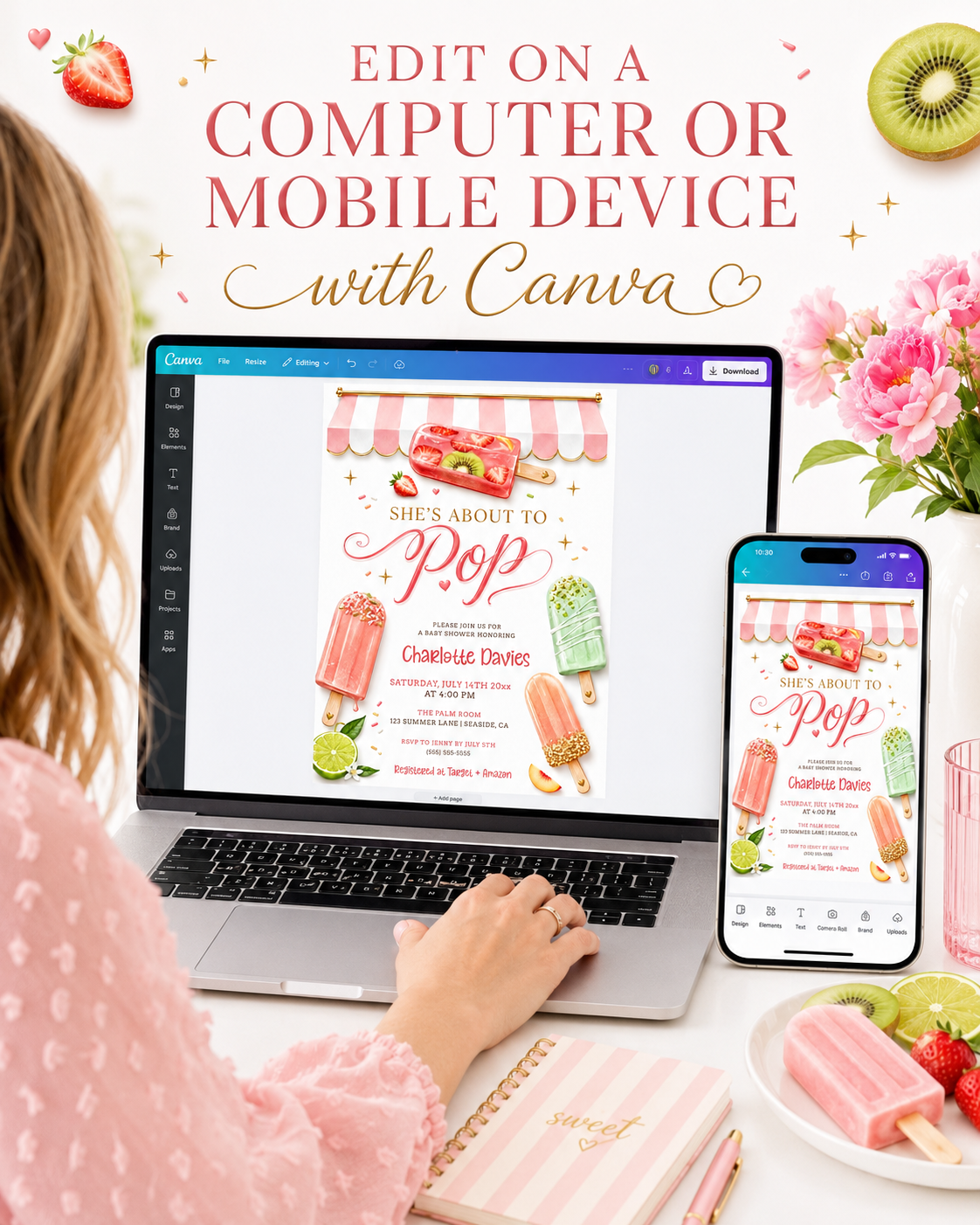 She's about to pop baby shower invitation with colorful popsicles and a pink awning in coral, peach, and green