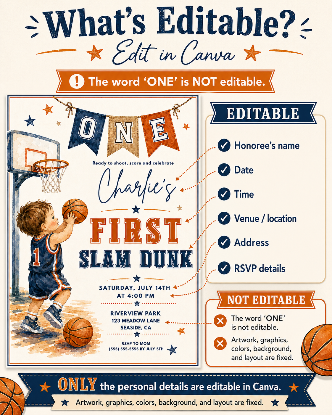 Basketball first birthday invitation featuring a little boy shooting a basketball, hoop, ONE banner, stars and navy and orange sports details.

