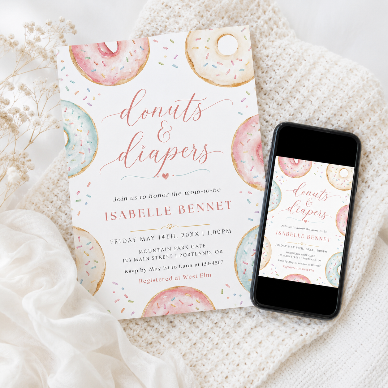 Editable donuts and diapers baby shower invitation Canva template with watercolour pastel donuts, rainbow sprinkles, and script typography on a white background