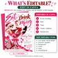 Christmas cocktail party invitation with Santa wearing sunglasses in a giant pink martini glass, disco ball ornaments, pink bows, and Eat Drink and Be Merry lettering