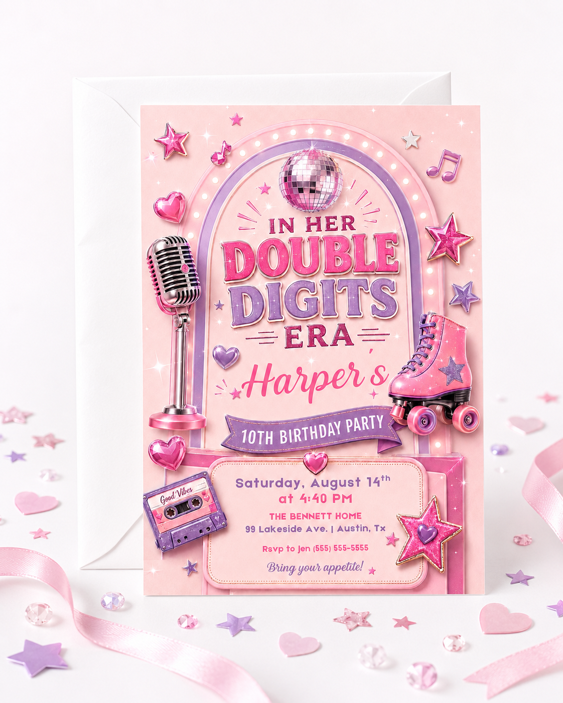 Double Digits Era 10th birthday invitation in pink and purple featuring a disco ball, microphone, roller skate, cassette tape, hearts and stars.
