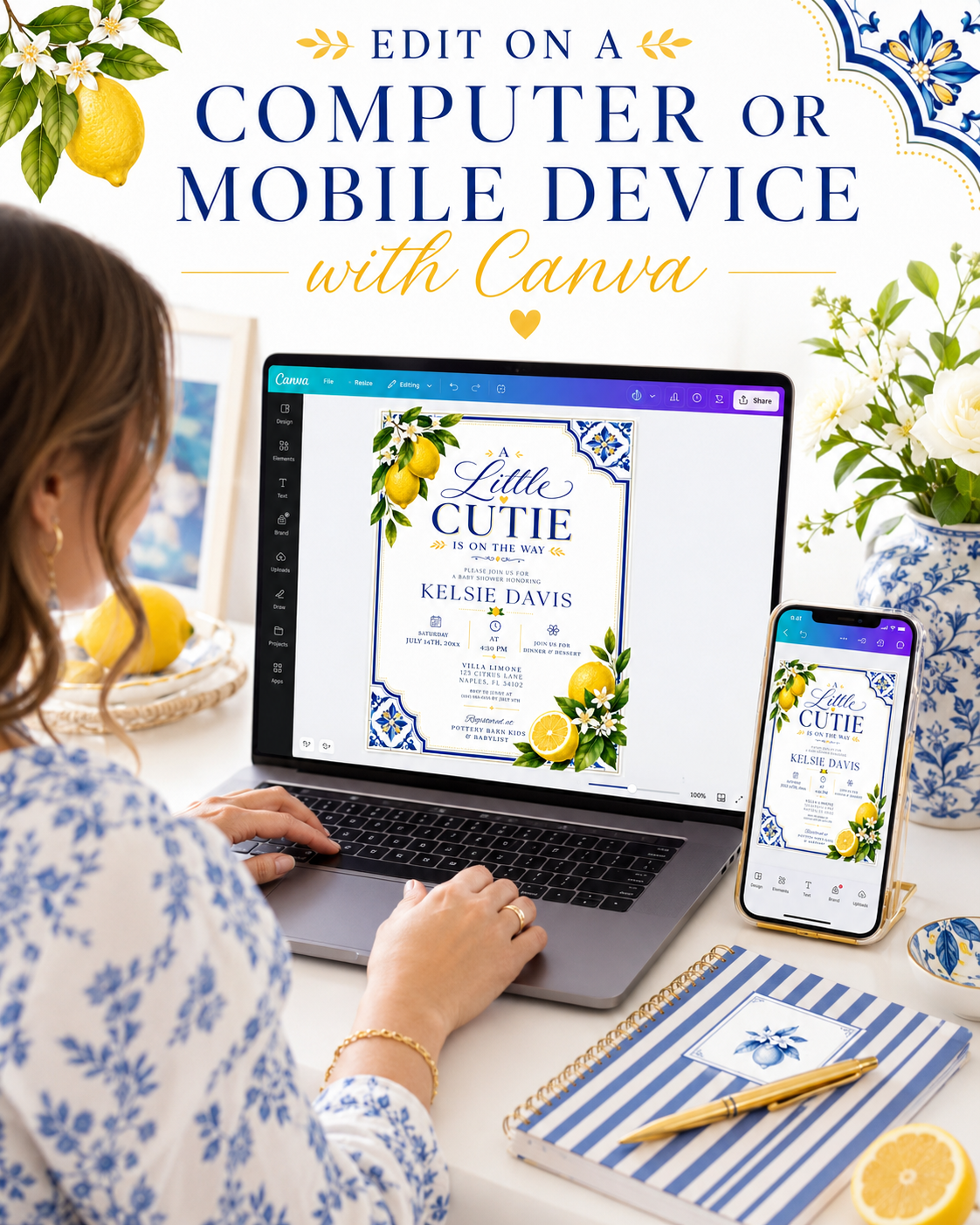 Italian ciao baby shower invitation with blue Mediterranean tiles and lemons in blue, white, and yellow
