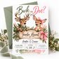 Buck or Doe gender reveal invitation with an antlered deer in a green bandana, a doe wearing a pink bow, rustic wooden sign, greenery, and pink and green ribbons