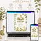 Baby boy dinosaur baby shower invitation with watercolor baby dinosaurs, hatching egg, tropical leaves, ferns, greenery, rocks, and soft sage green details