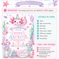Axolotl birthday party invitation with pastel axolotls, coral, seashells, bubbles, starfish, pearls, ocean cake, and cute under the sea birthday details