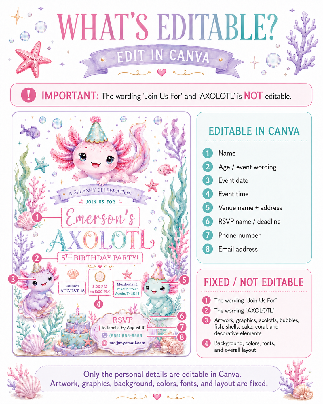 Axolotl birthday party invitation with pastel axolotls, coral, seashells, bubbles, starfish, pearls, ocean cake, and cute under the sea birthday details