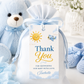 Editable here comes the son baby shower favor hang tag Canva template with smiling sun, blue toy airplane, fluffy clouds, and bold navy and golden script typography on a warm cream background