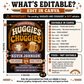 Huggies and Chuggies baby shower invitation with diaper, beer mug, retro typography, orange and cream colors, and vintage man shower party details