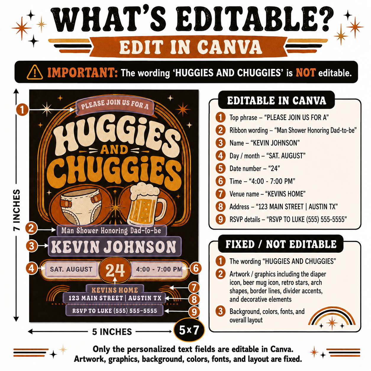 Huggies and Chuggies baby shower invitation with diaper, beer mug, retro typography, orange and cream colors, and vintage man shower party details