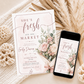Editable fresh off the market bridal shower invitation Canva template with watercolour blush rose bouquet, baby's breath, eucalyptus, dusty rose bow, and script typography on a soft blush background with frame border