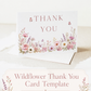 Editable wildflower folded thank you card Canva template with watercolour roses, lavender, daisies, and butterfly details on a white background, shown as a folded card mockup