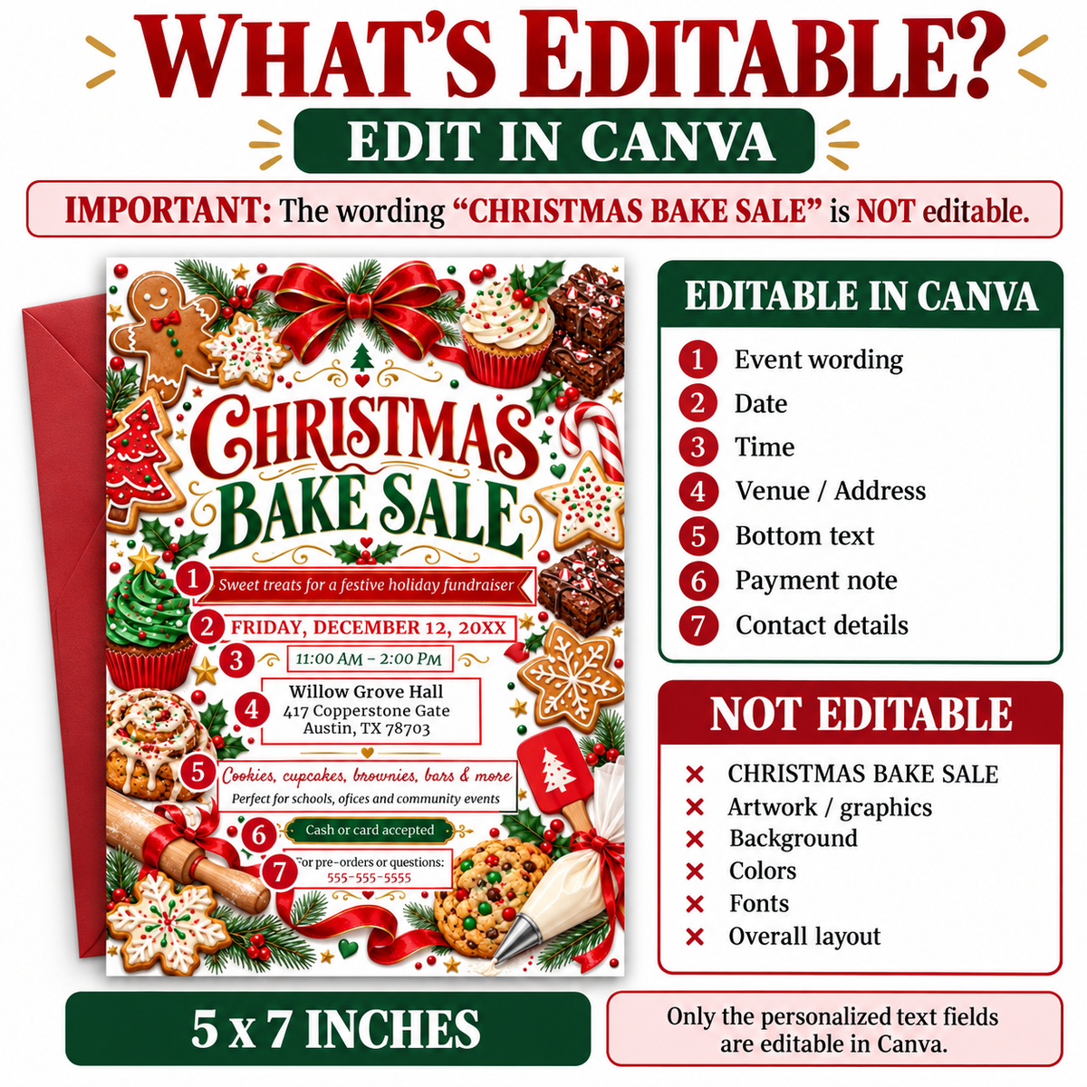 Christmas bake sale flyer with red and green lettering, gingerbread cookies, cupcakes, brownies, festive bows, and baking tools