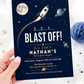Rocket ship birthday party invitation with a rocket, moon, and planet on a navy and gold space background